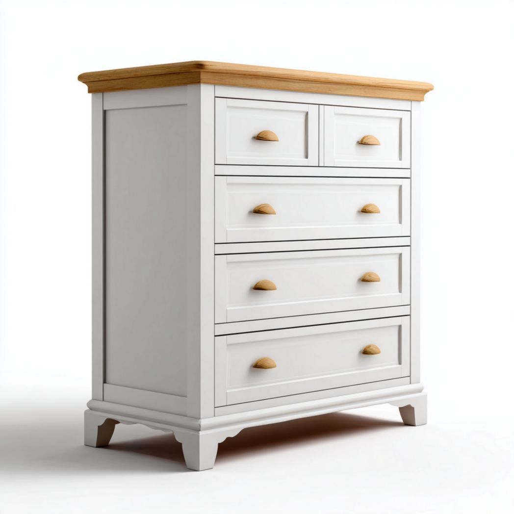 Commode 5 tiroirs en pin massif blanc avec plateau et poignées en chêne