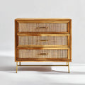 Commode 3 tiroirs en bois de manguier massif et rotin avec piètement en acier doré