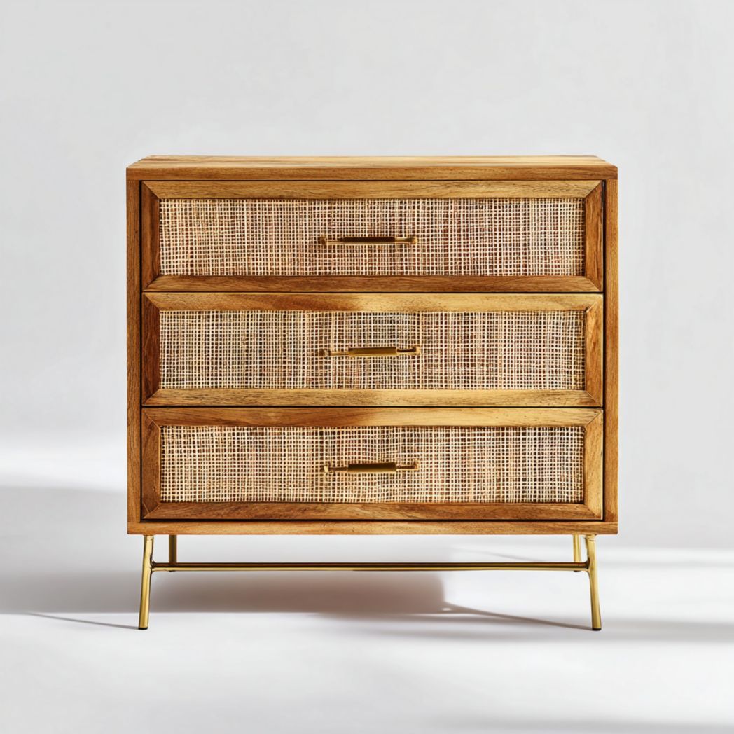 Commode 3 tiroirs en bois de manguier massif et rotin avec piètement en acier doré