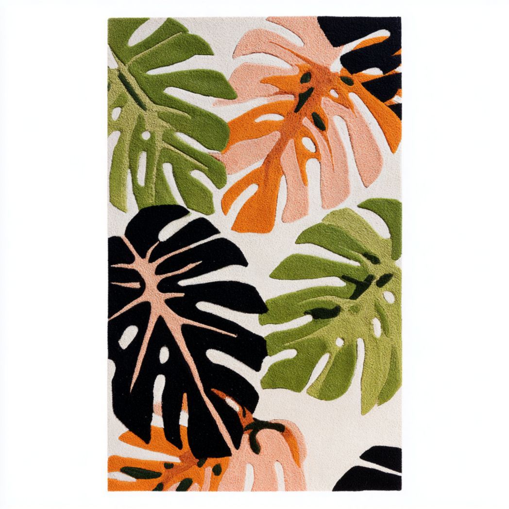 Tapis rectangulaire en polyester tissé motif feuillage multicolore