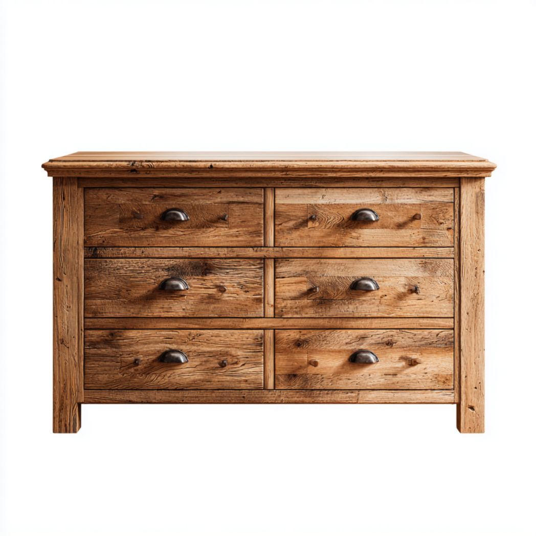 Commode 6 tiroirs en chêne massif avec poignées en métal noir