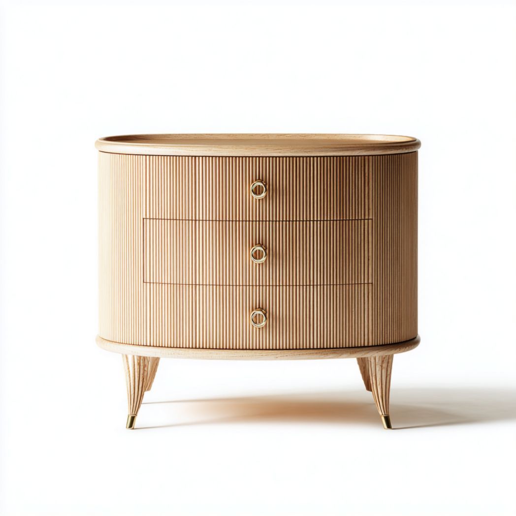 Commode 3 tiroirs en frêne massif avec poignées en métal doré