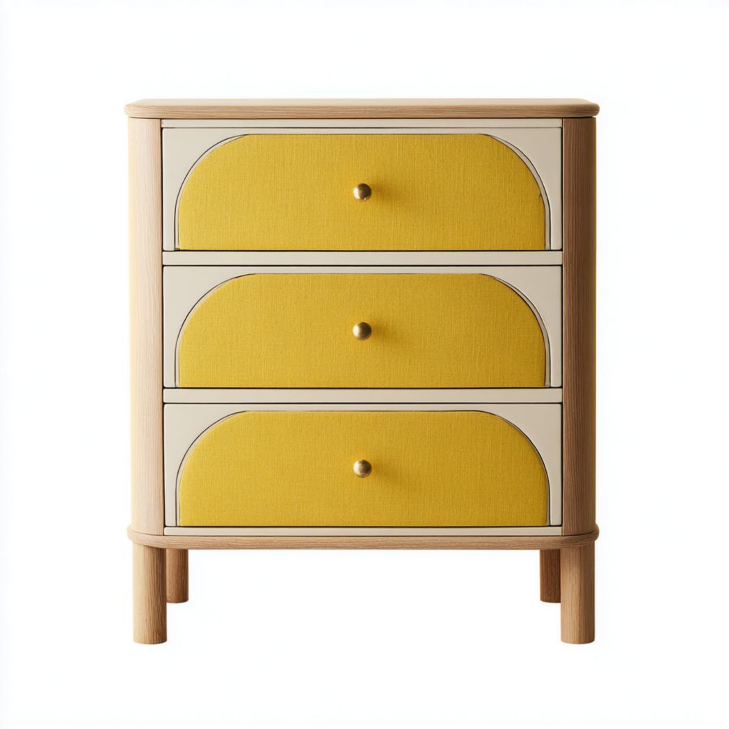 Commode 3 tiroirs en frêne massif et panneaux laqués jaunes