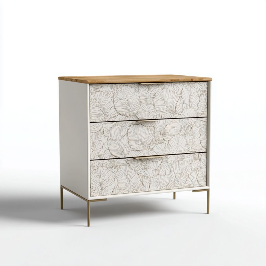 Commode 3 tiroirs en bois de pin avec façade à motif feuillage et pieds en acier doré