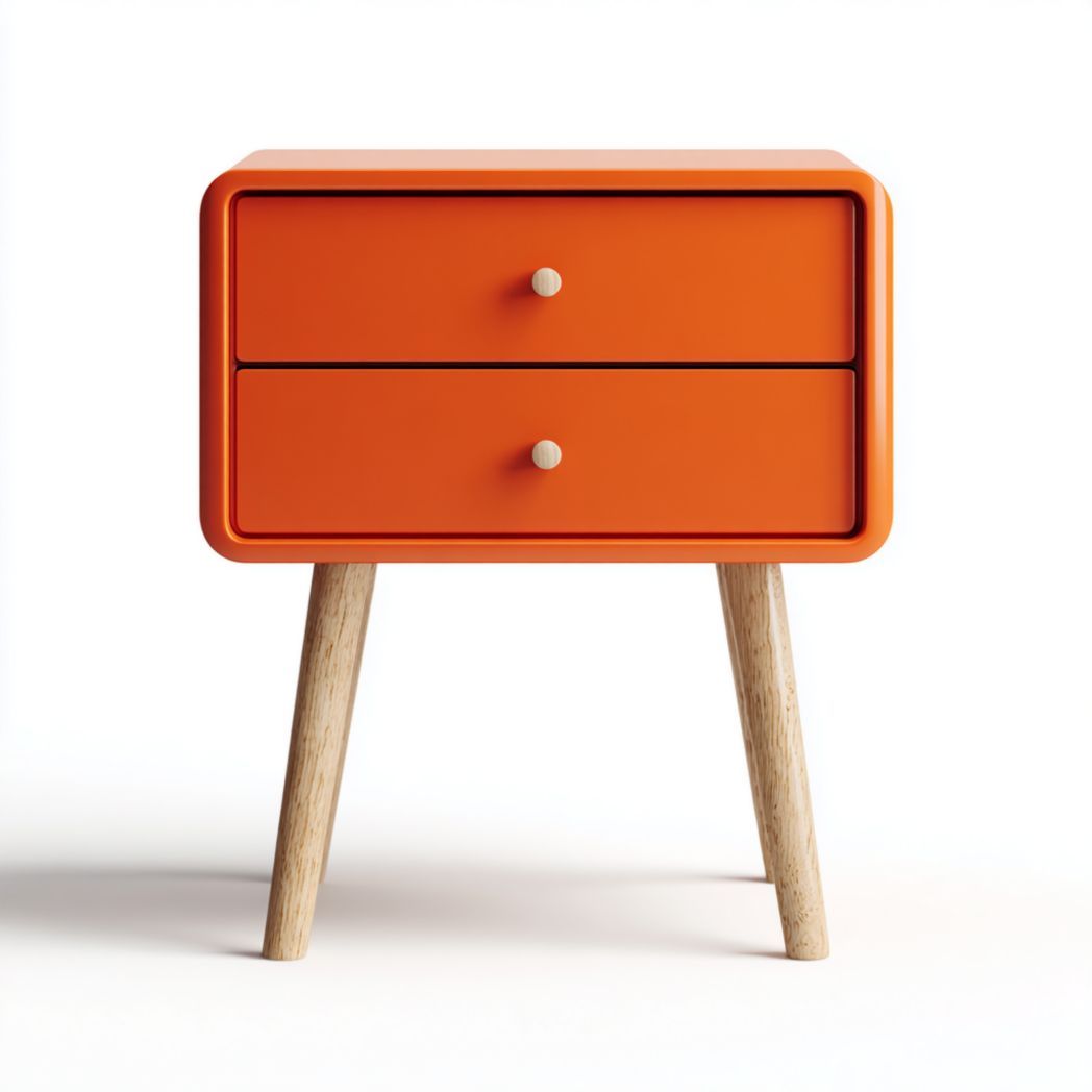 Table de chevet 2 tiroirs en bois laqué orange avec pieds en chêne massif