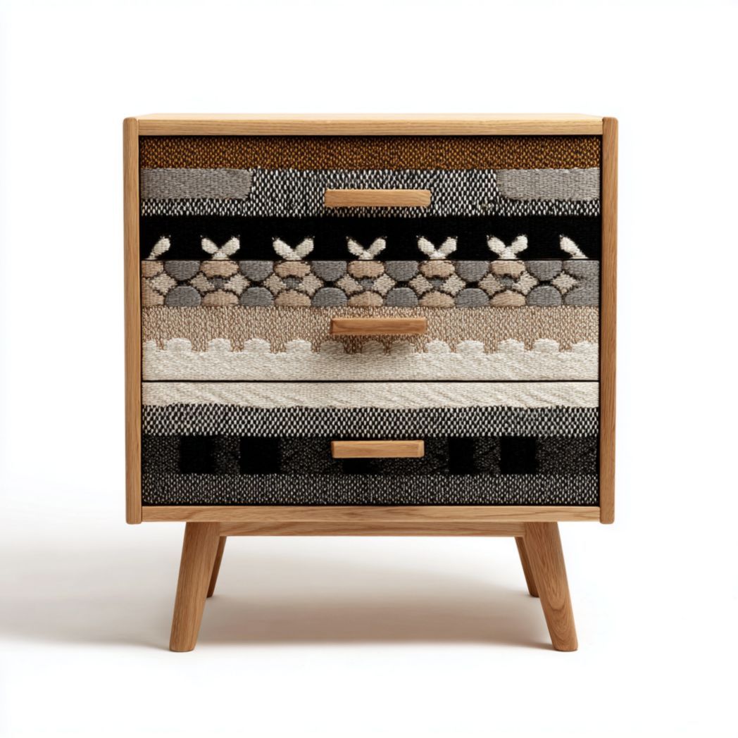 Commode 3 tiroirs en chêne massif avec façades en textile tissé multicolore