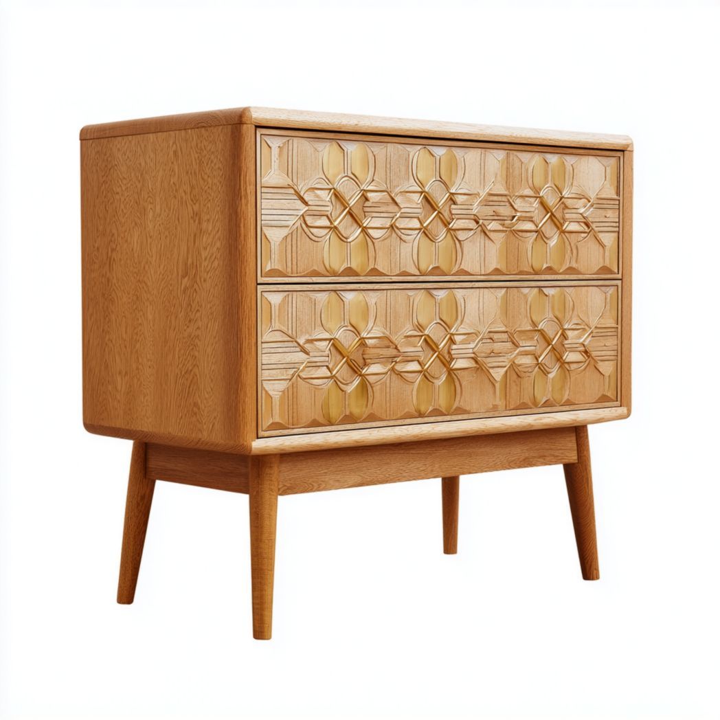 Commode en chêne massif avec façades sculptées à 2 tiroirs