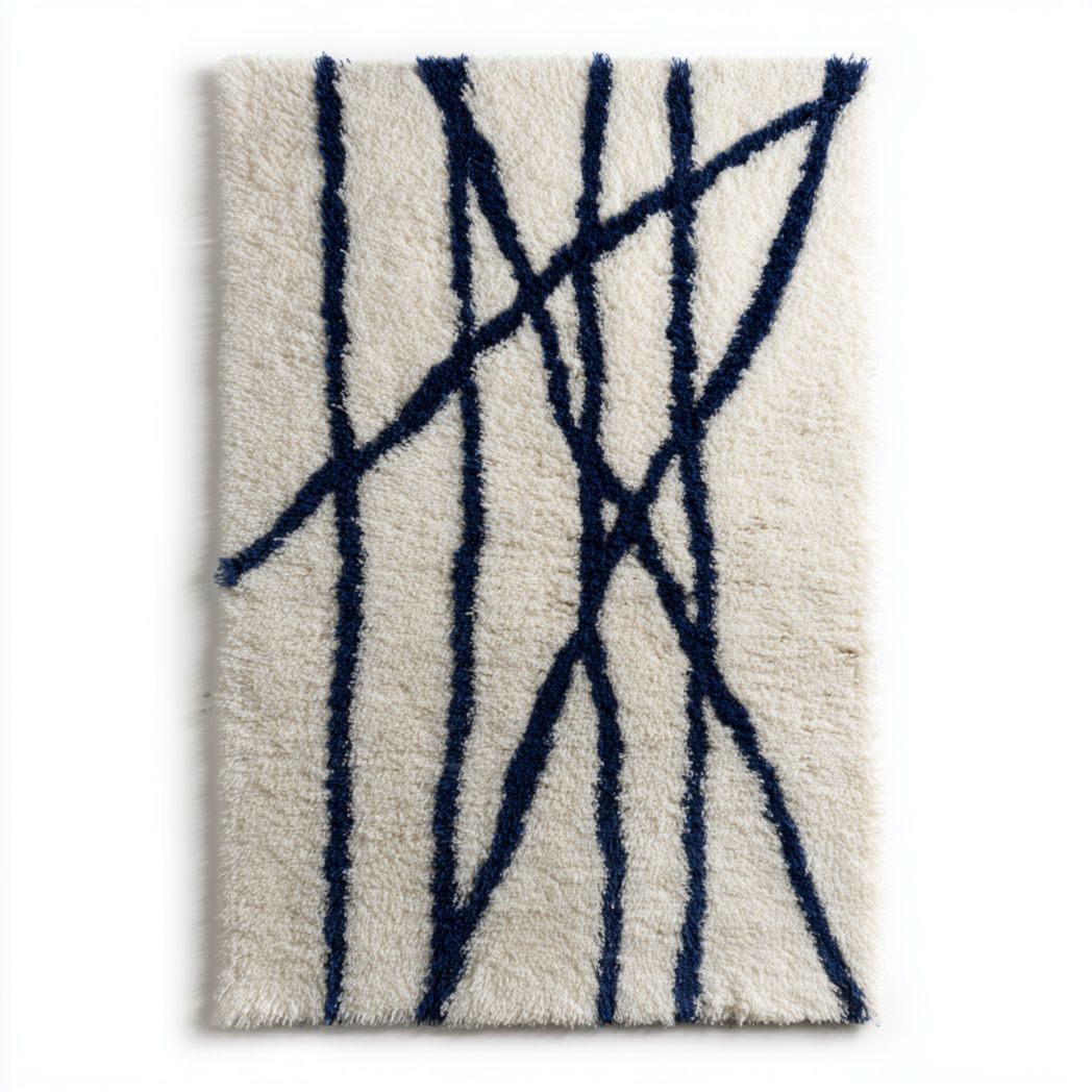 Tapis rectangulaire en polyester tissé beige avec lignes croisées bleues