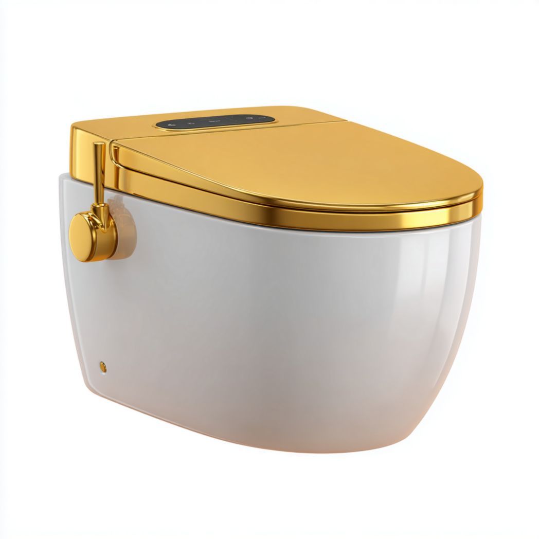 Toilette murale en céramique blanche avec abattant doré