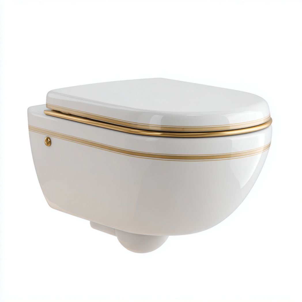 Toilette murale en céramique blanche avec finitions dorées
