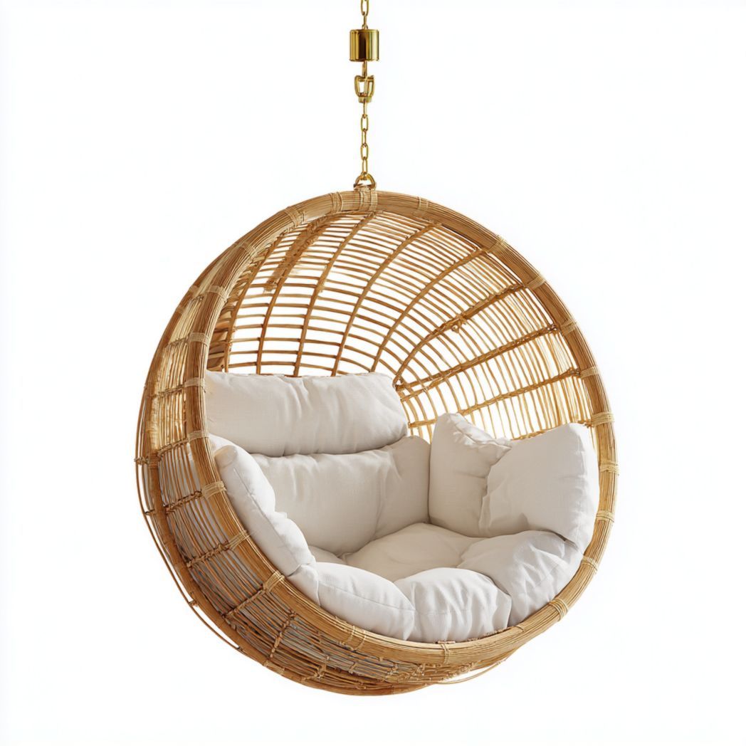 Fauteuil suspendu rond en rotin avec coussins blancs