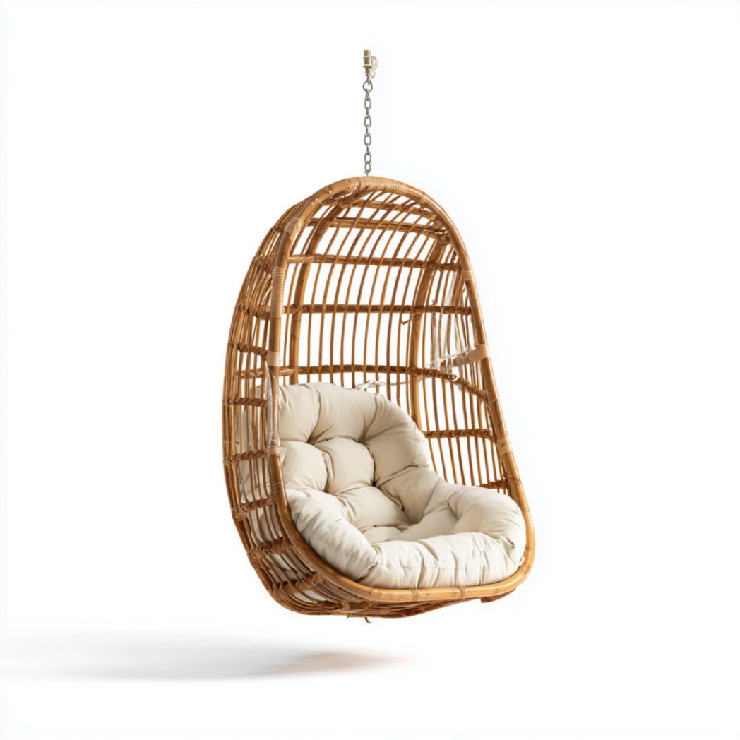 Fauteuil suspendu en rotin en forme d'œuf avec coussin beige