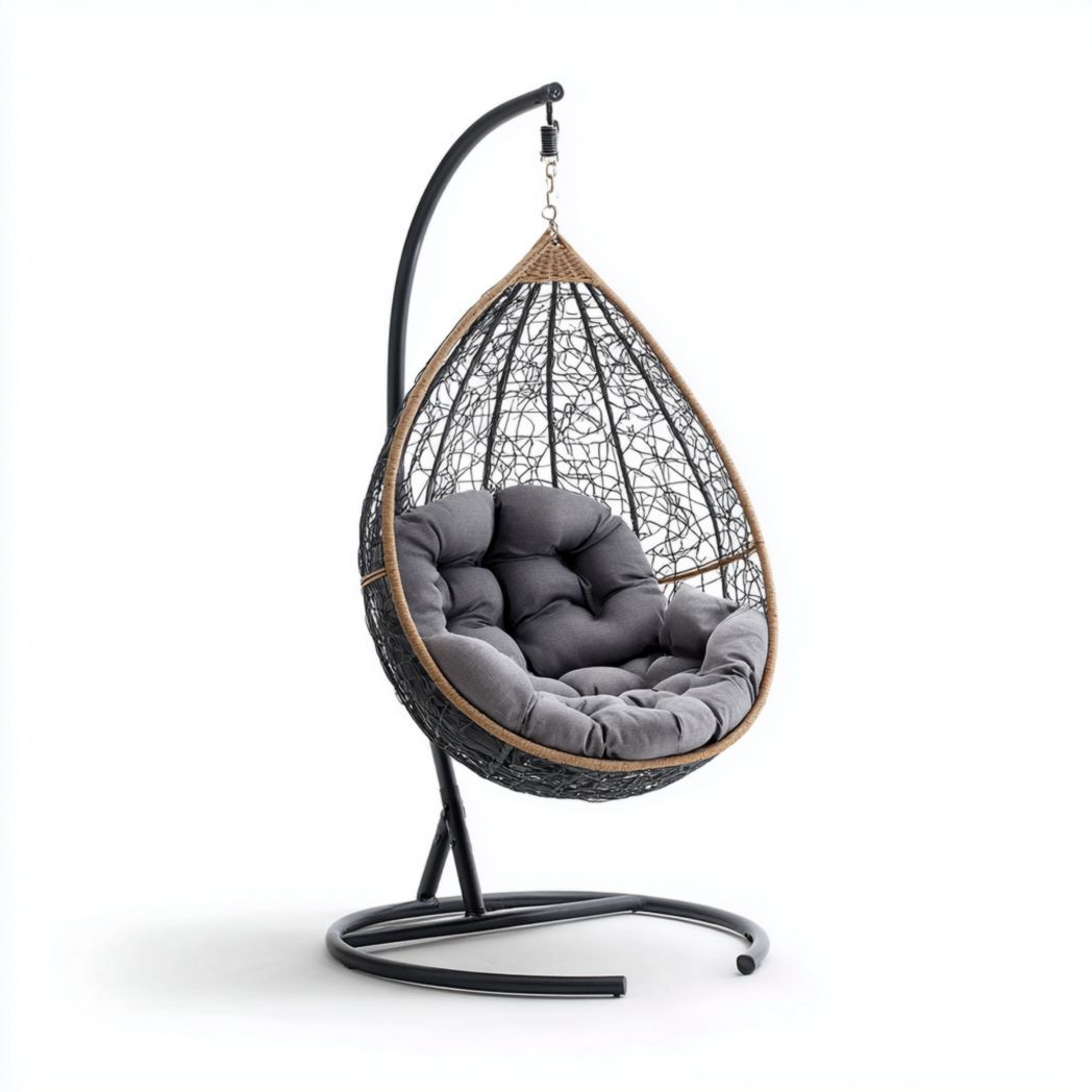 Fauteuil suspendu en rotin synthétique noir avec coussin gris et support en acier