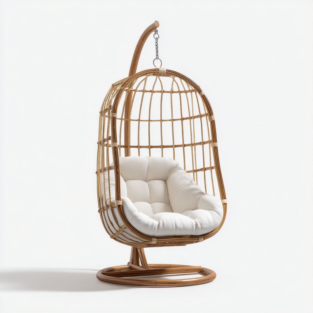 Fauteuil suspendu en rotin avec coussin blanc et support