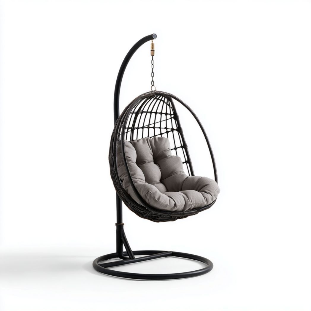 Fauteuil suspendu en rotin synthétique noir avec coussin gris et support