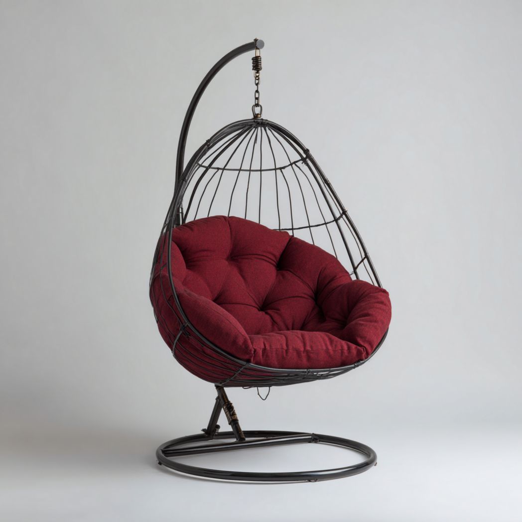 Fauteuil suspendu en acier noir avec coussin bordeaux