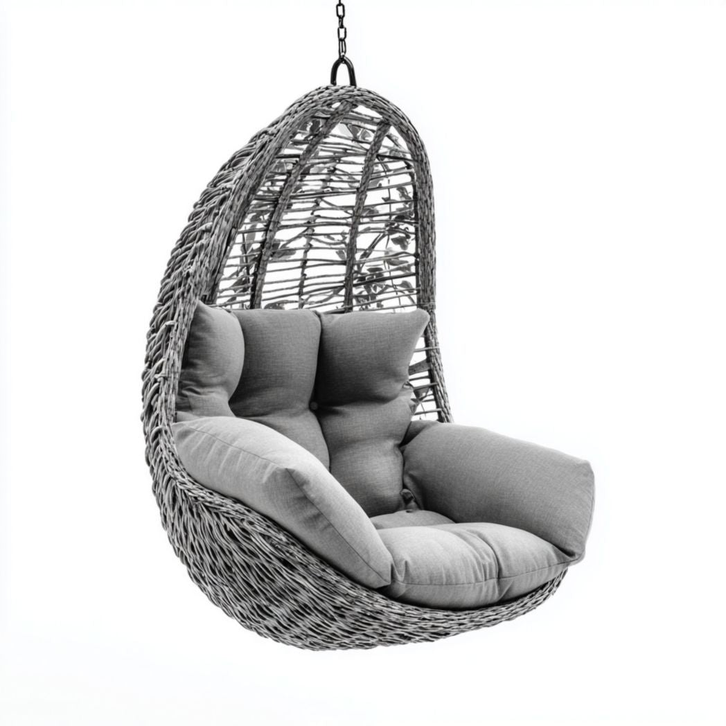 Fauteuil suspendu en rotin synthétique gris avec coussins