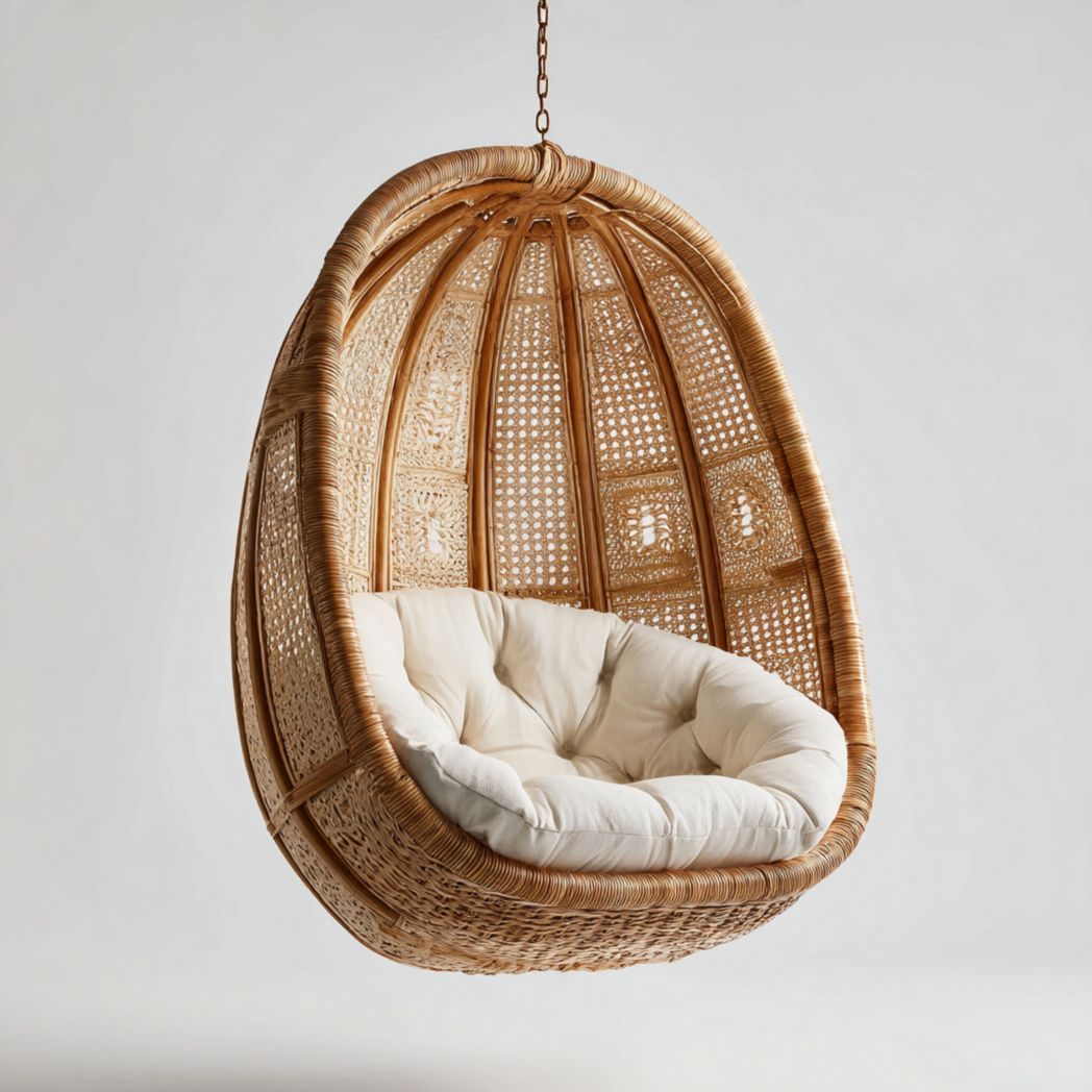 Fauteuil suspendu en rotin avec coussin blanc