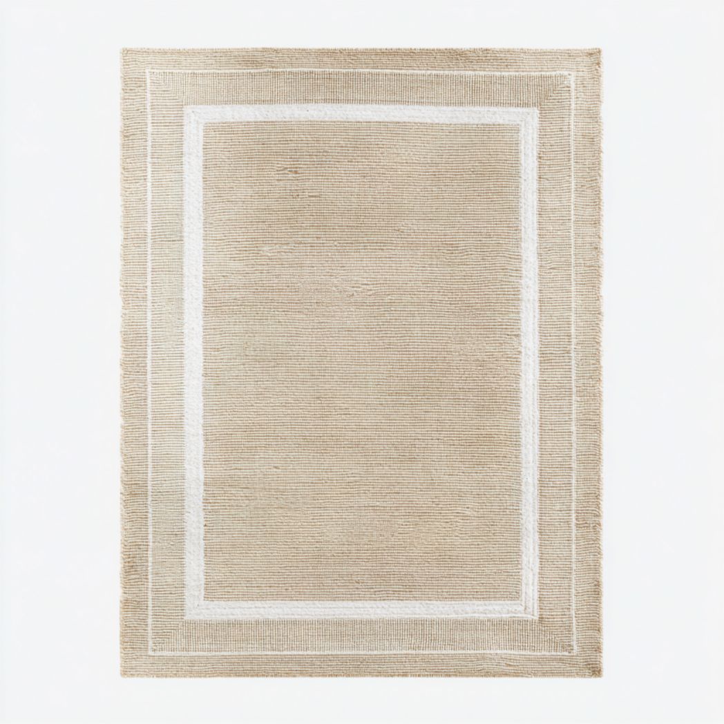Tapis rectangulaire en jute tissé avec bordure beige et blanche