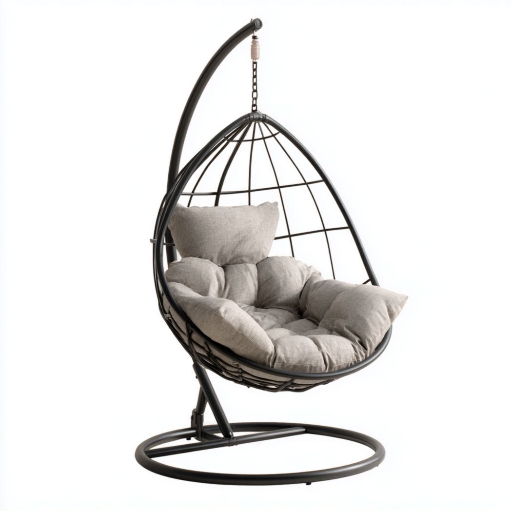 Fauteuil suspendu en acier noir avec coussin gris