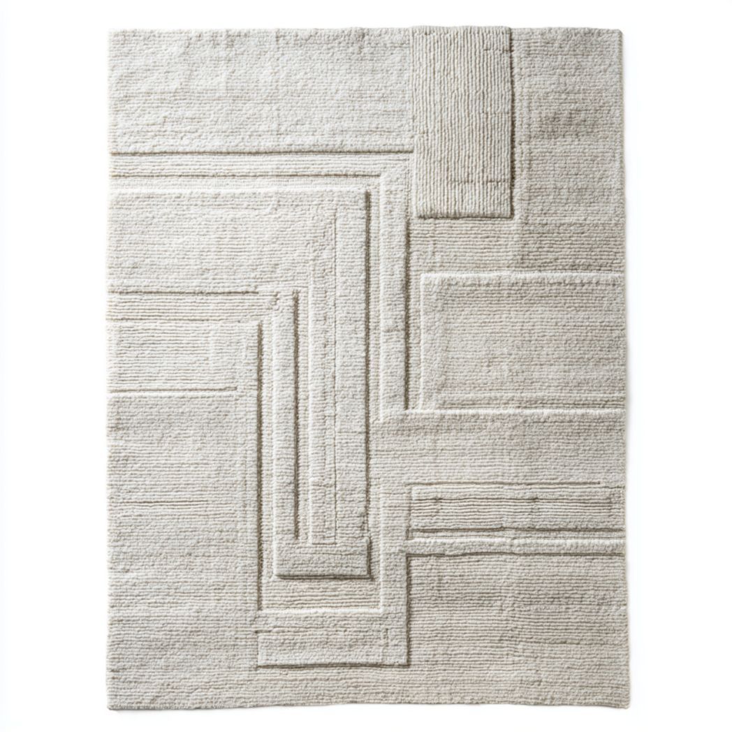 Tapis rectangulaire en coton tissé motif géométrique relief gris clair