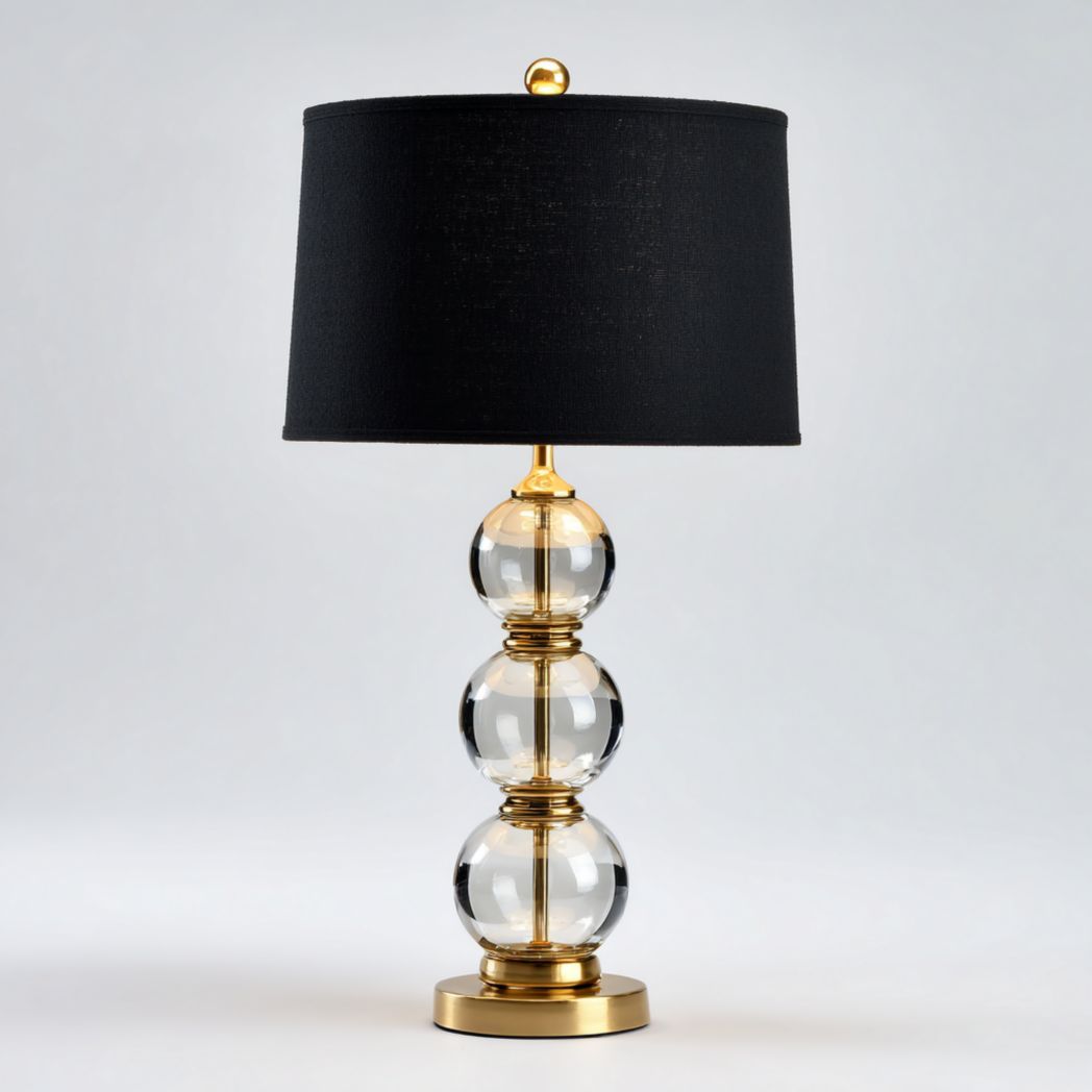 Lampe de table en verre transparent et métal doré avec abat-jour noir