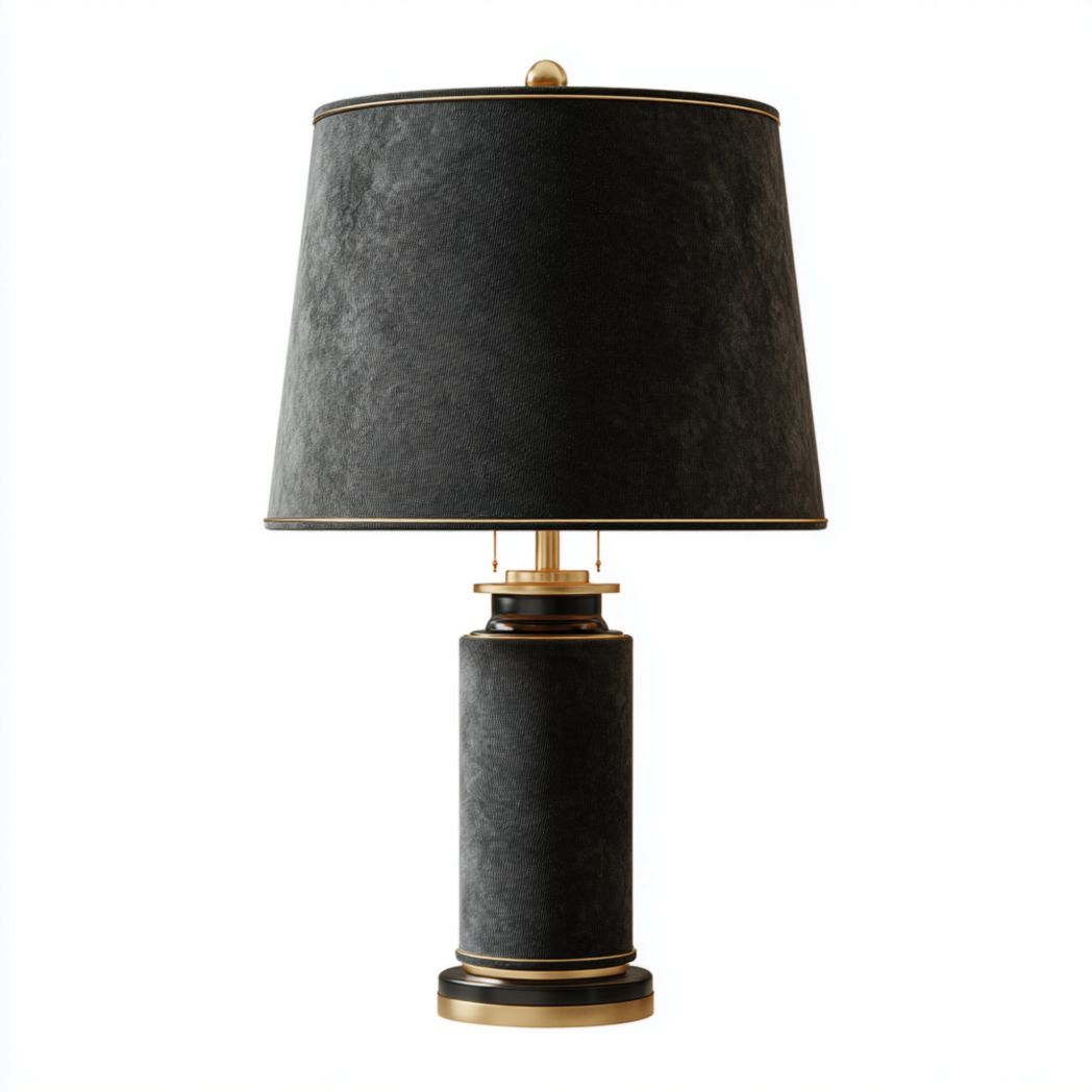 Lampe de table avec abat-jour en tissu noir et base cylindrique en métal