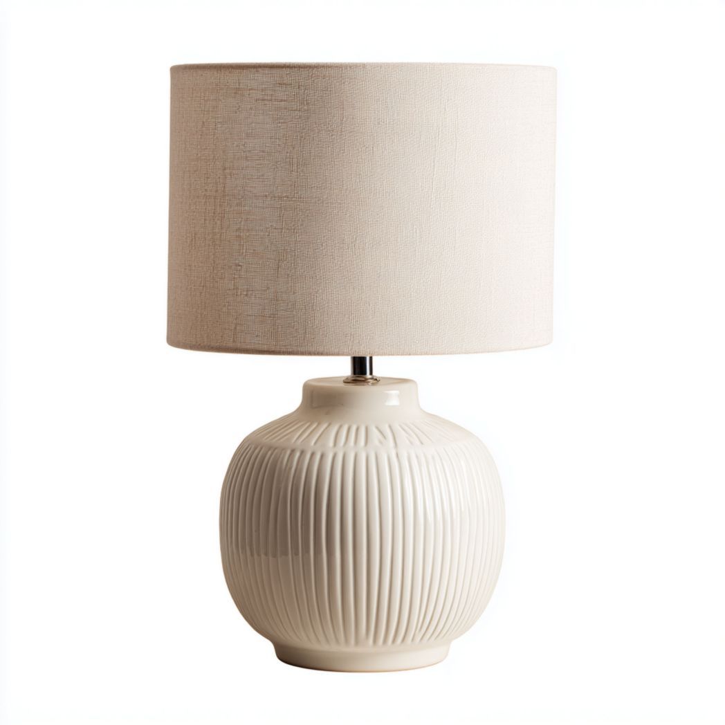 Lampe de table en céramique beige avec abat-jour en tissu