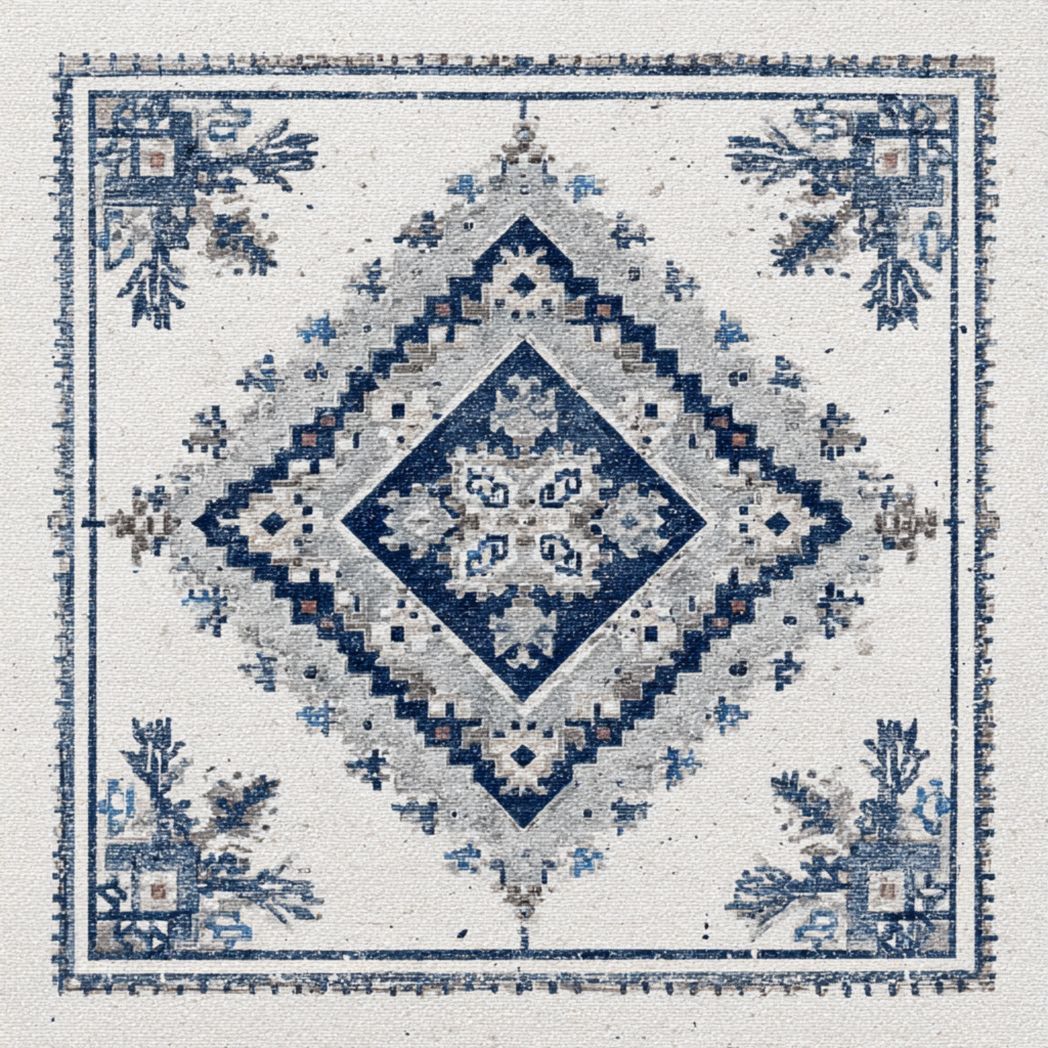 Tapis carré en polyester tissé motif oriental bleu et gris