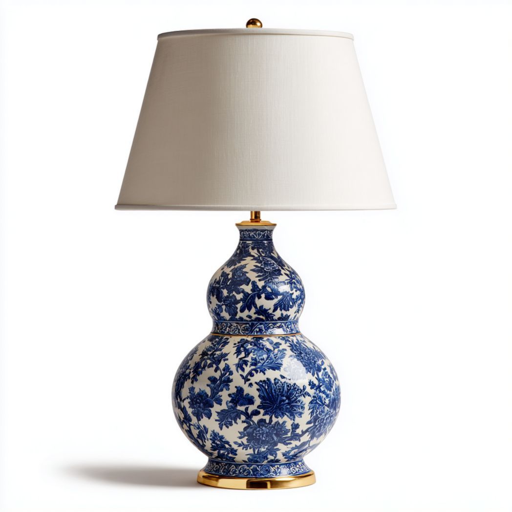 Lampe de table en céramique bleue et blanche avec abat-jour en tissu