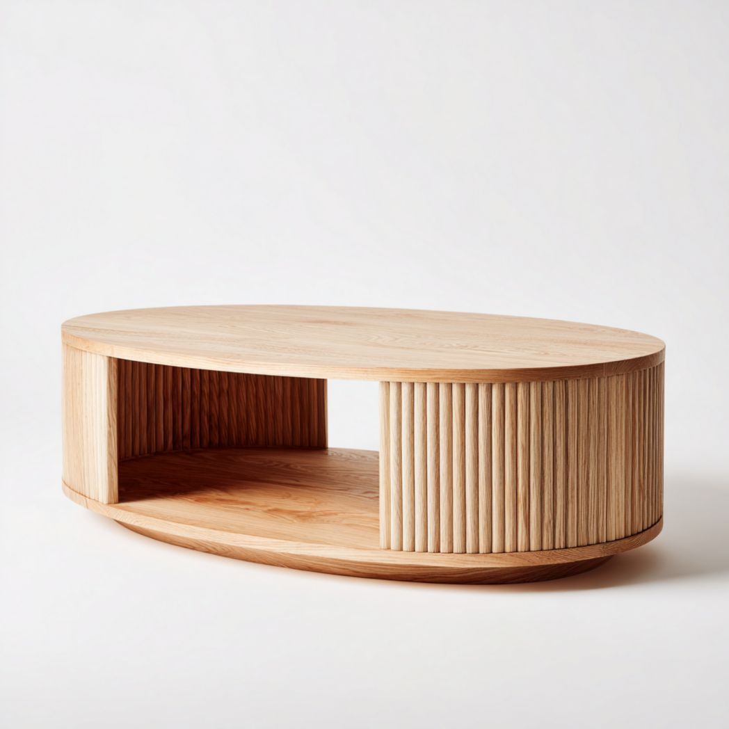 Table basse ovale en bois de chêne massif avec espace de rangement