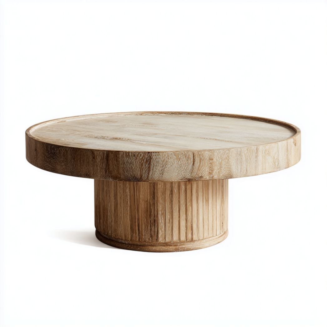 Table basse ronde en chêne massif avec base cylindrique