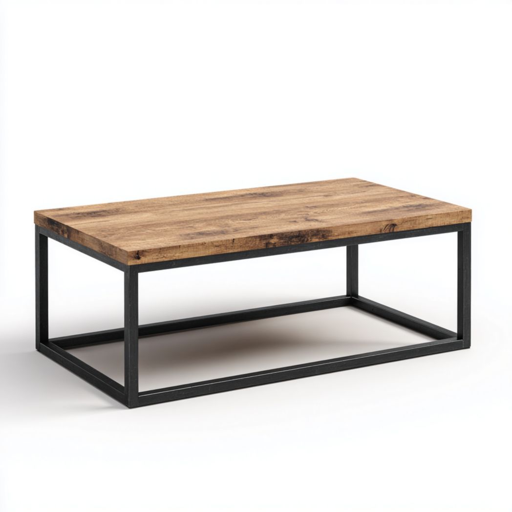 Table basse rectangulaire en chêne massif et structure en acier
