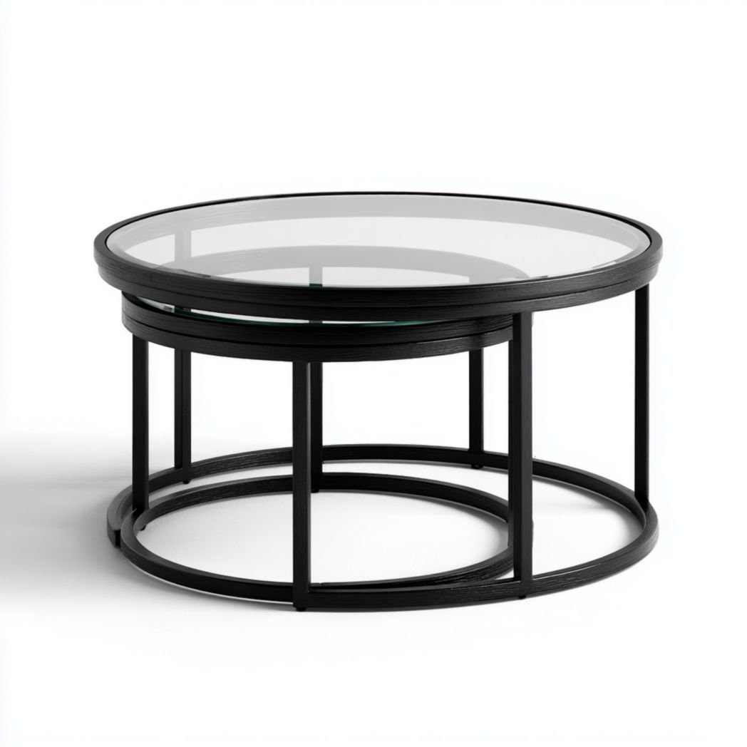 Table basse ronde en verre trempé avec structure en acier noir