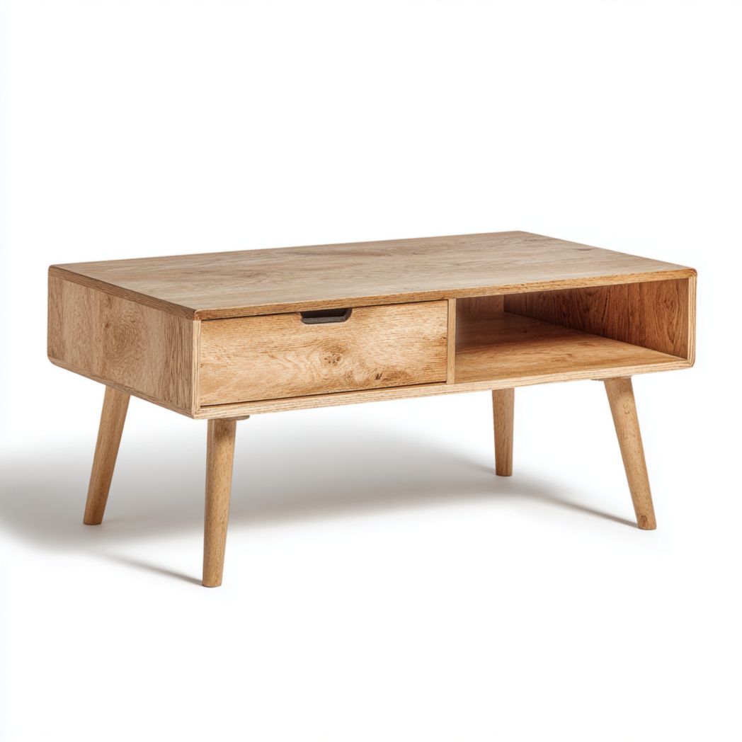 Table basse rectangulaire en bois de chêne avec tiroir et niche de rangement