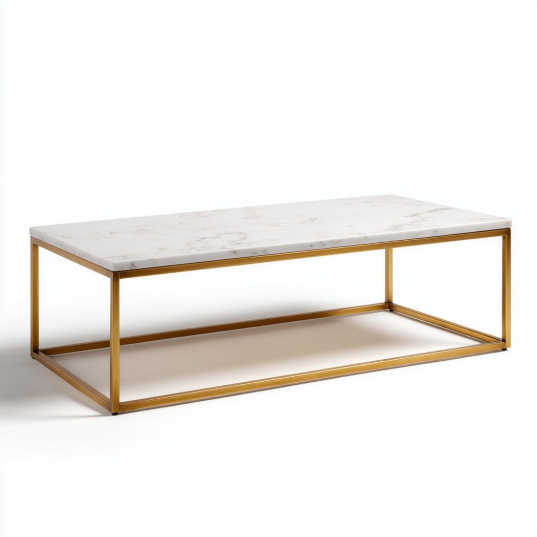 Table basse rectangulaire en marbre blanc avec structure en acier doré