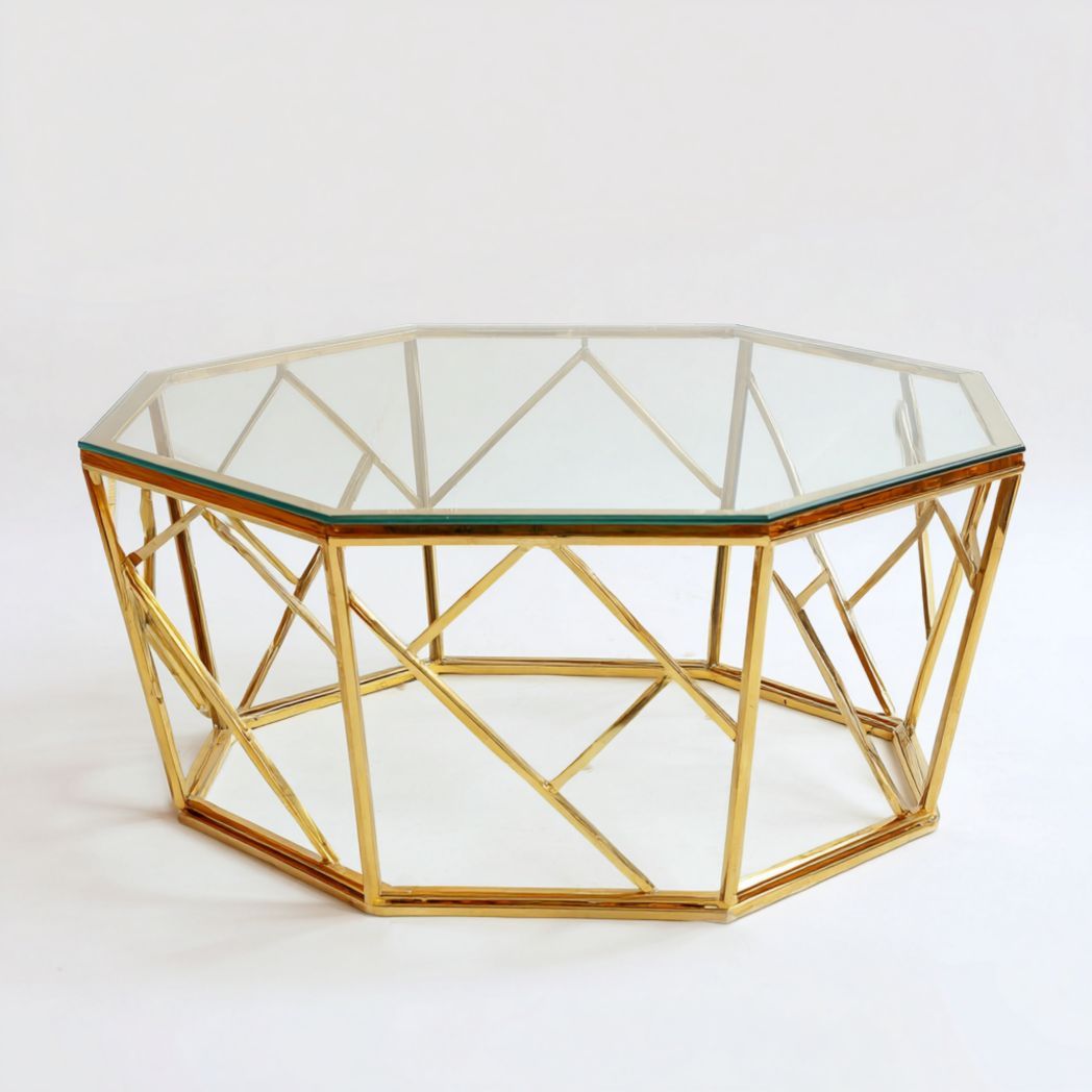 Table basse octogonale en verre et acier inoxydable doré