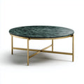 Table basse ronde en marbre vert et structure en acier doré
