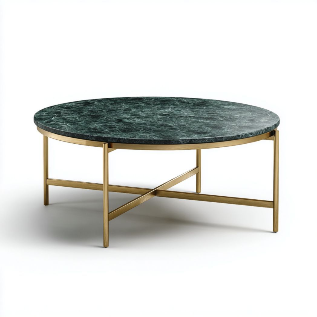 Table basse ronde en marbre vert et structure en acier doré