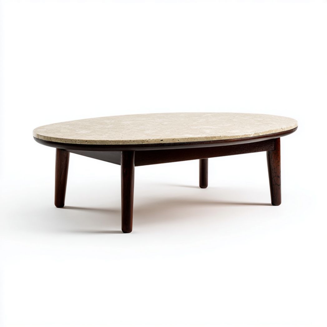 Table basse ovale en marbre beige avec structure en chêne foncé