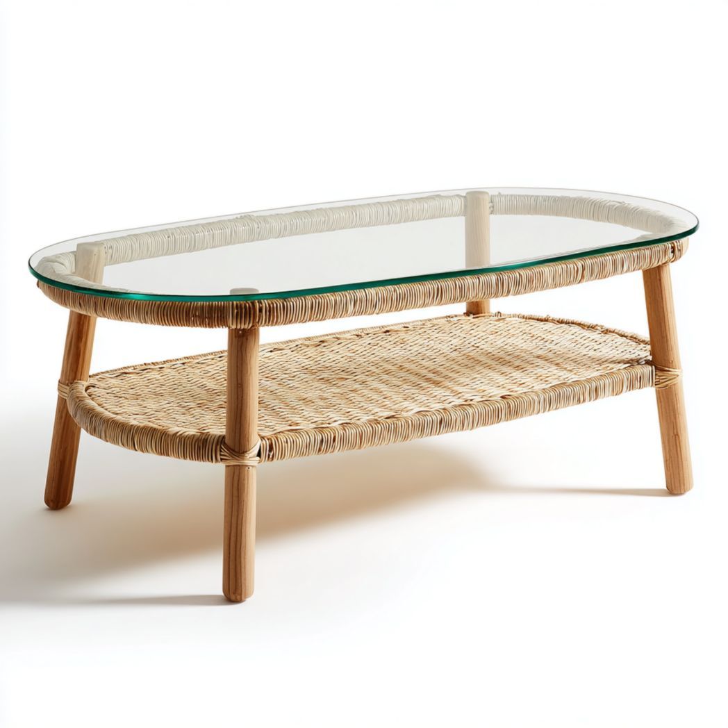 Table basse ovale en verre et rotin avec étagère inférieure