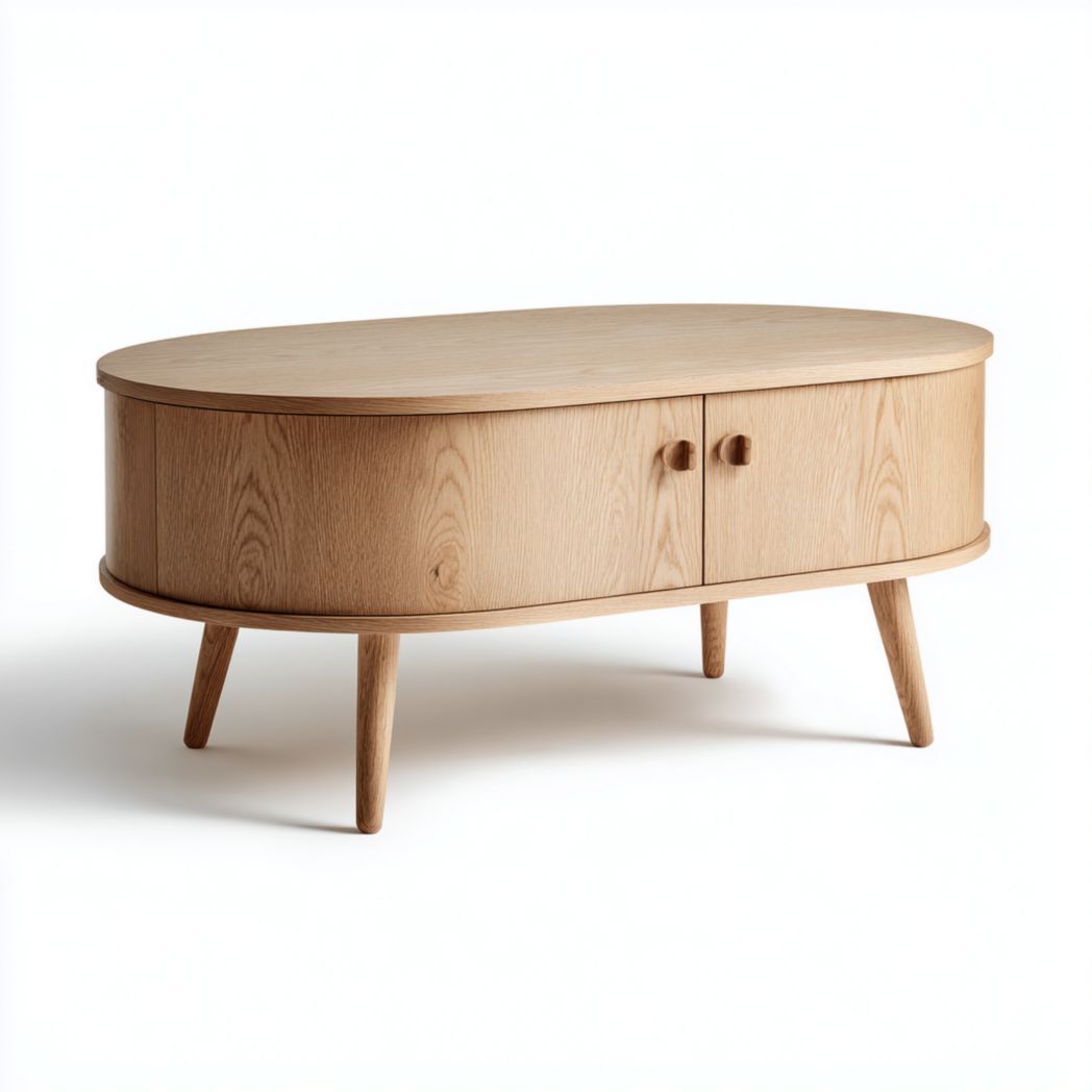 Table basse ovale en chêne avec espace de rangement